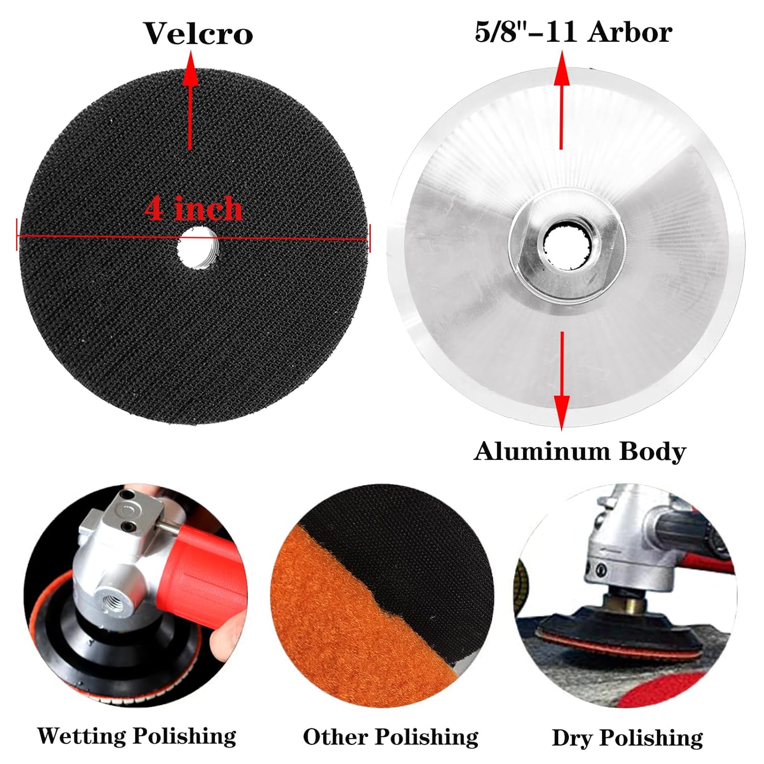 2pcs 4 Inch Aluminium Backer Pad with 5/8”-11 Thread Hook and Loop Backing Pad for Polishing