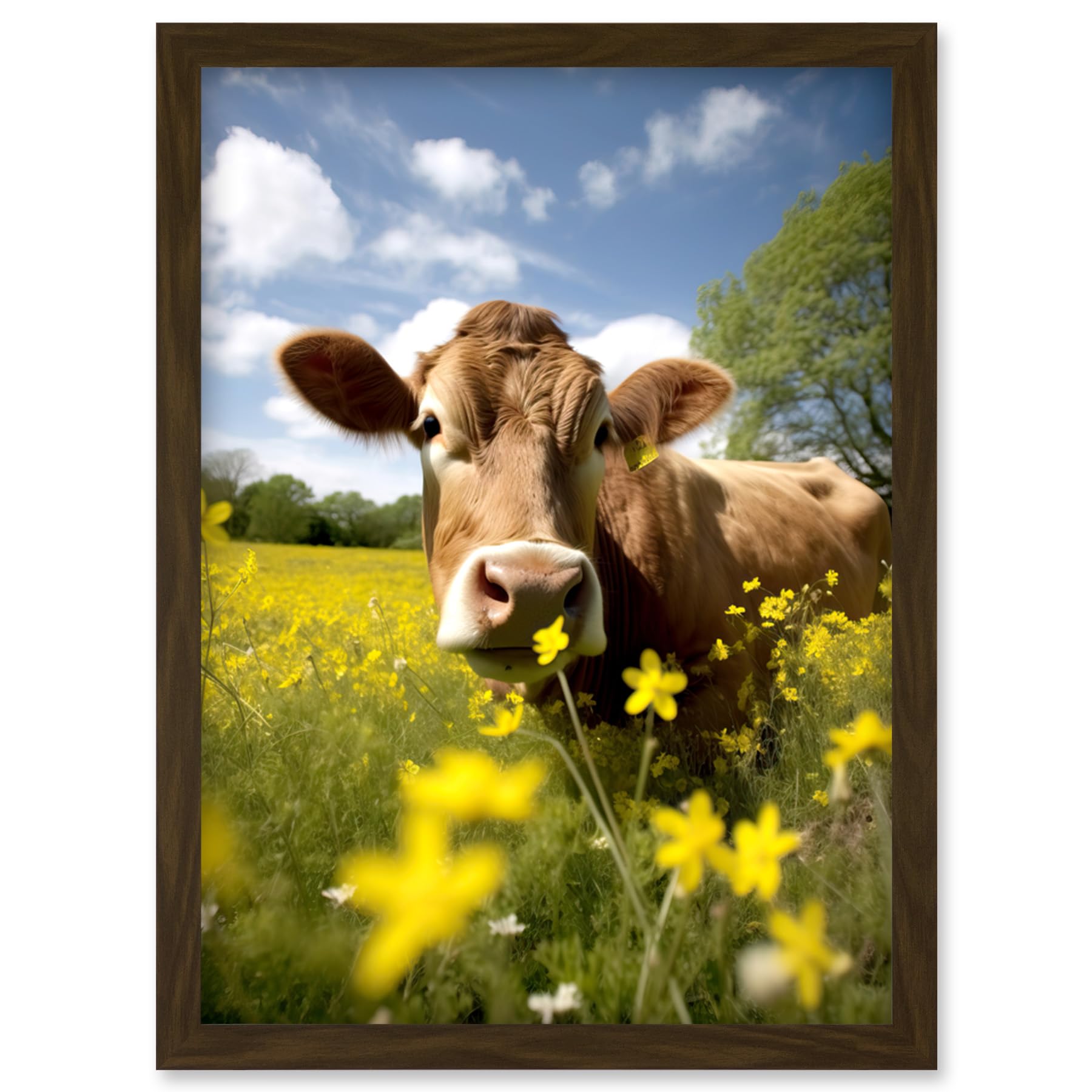 Artery8 Buttercup the Cow Photo Meadow Flowers Photograph Countryside Animal Spring Field Artwork Framed Wall Art Print A4