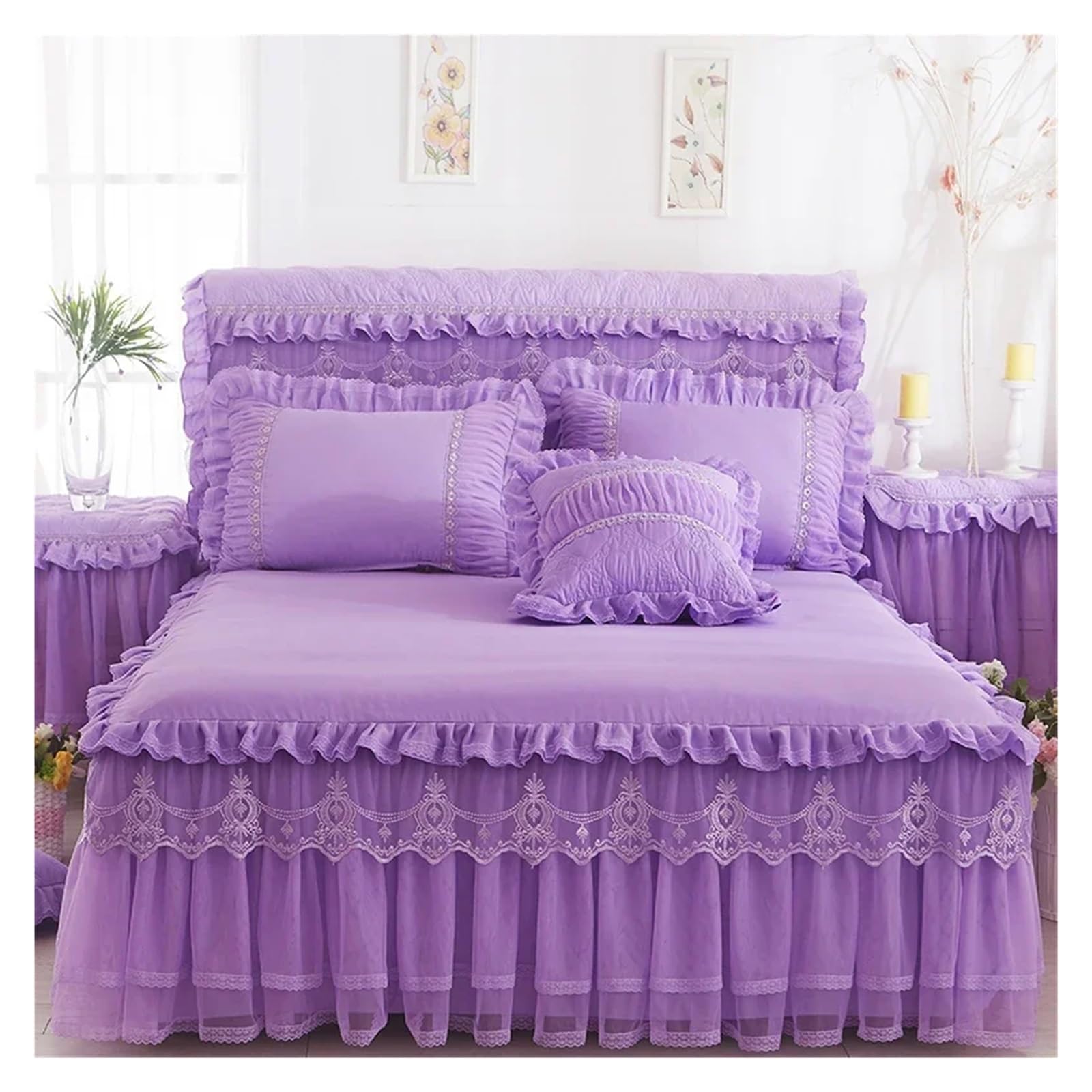 3 Pcs Bedding Set Princess Lace Bed Skirts Bedspreads Queen King Size Cute Bed Sheet for Girl Bed Cover Home Textiles(Purple,180x220cm 3pcs)