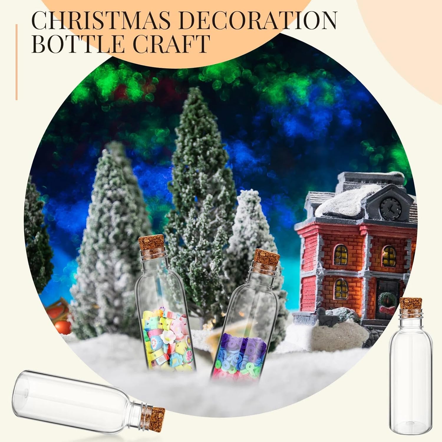 Yinkin 100 Pack 2 oz Plastic Sand Art Bottles with Corks Stoppers Clear Potion Containers Arts Crafts Mini Jars Vial Wish Message Bottle for Halloween DIY Wedding Party Favors