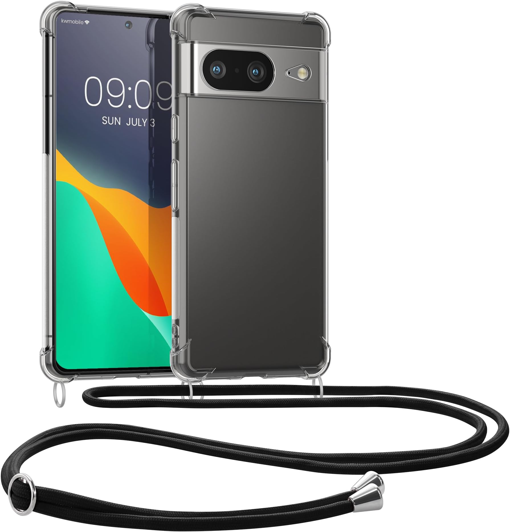 kwmobile Crossbody Case Compatible with Google Pixel 8 Case - Clear TPU Phone Cover w/Lanyard Cord Strap - Black/Transparent
