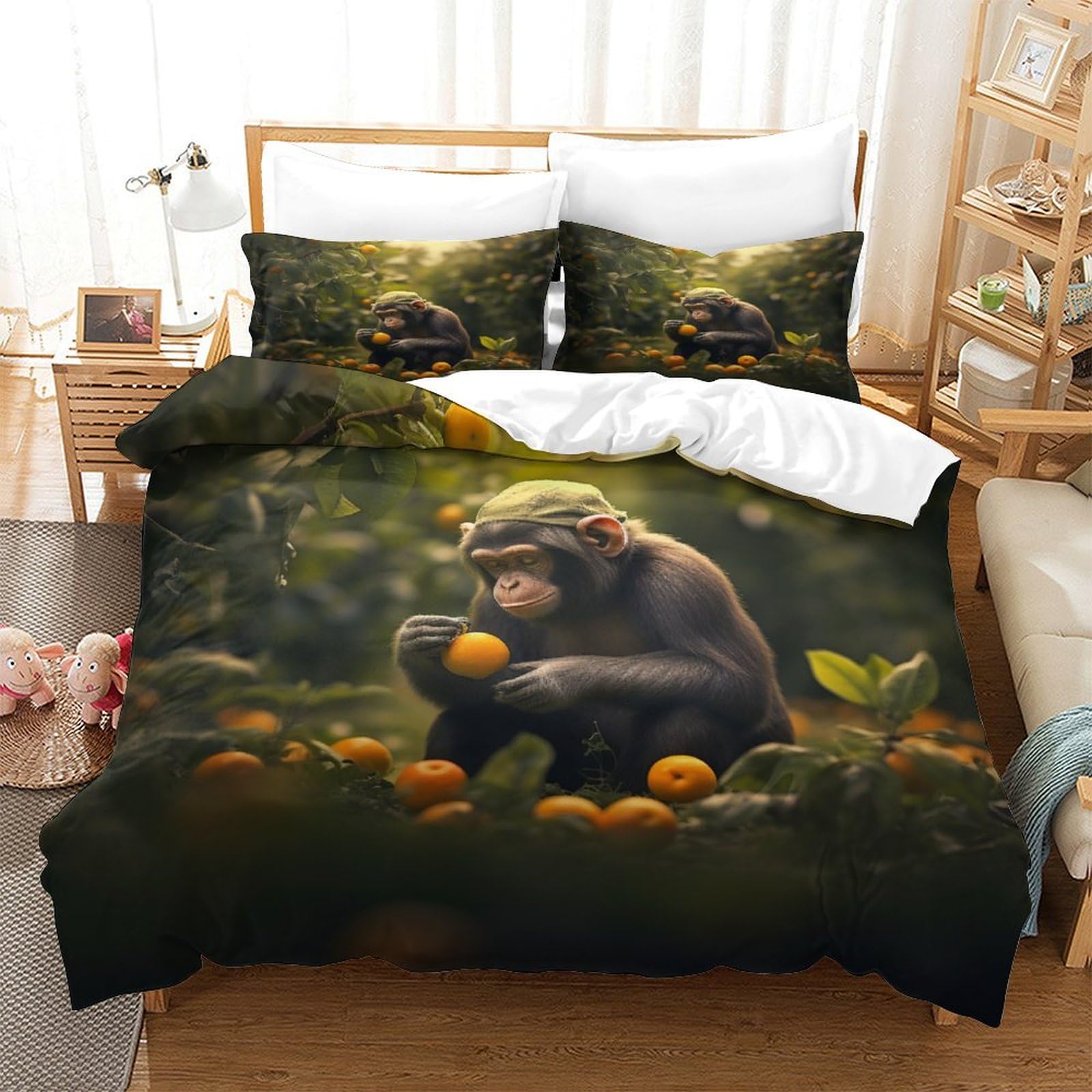 P1S9U7W5Y 3D Printed Forest Monkey Duvet Cover Set 3 Pieces Microfiber Bedroom Decor Monkey Theme Bedding Set Soft for Adults King（220x240cm）