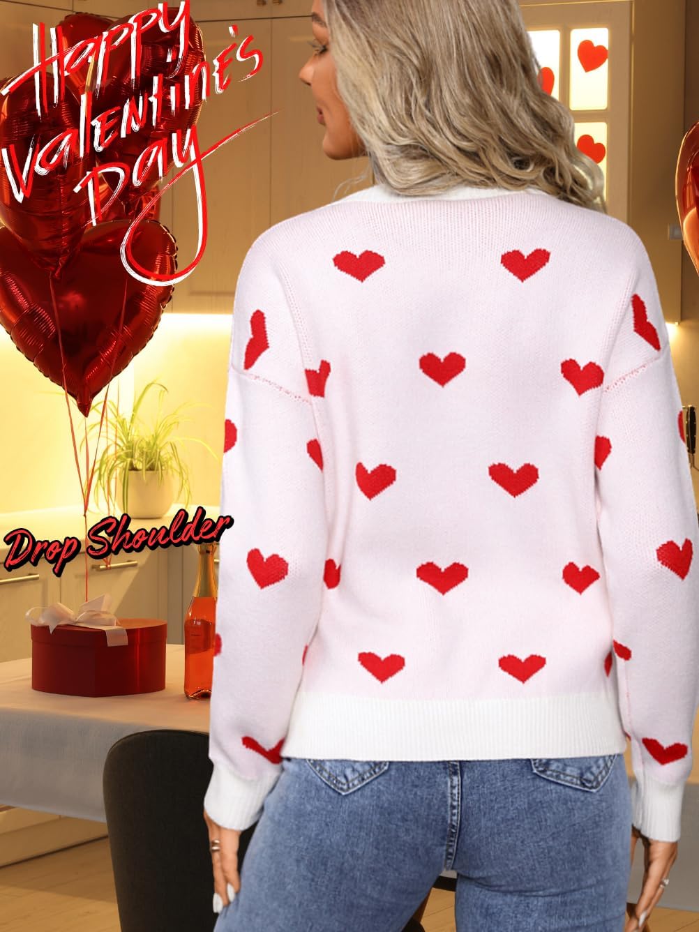 Kaei&Shi Heart Sweater,Cute Valentines Sweaters for Women,Hearts Pattern Knit Top Date Christmas - Image 2