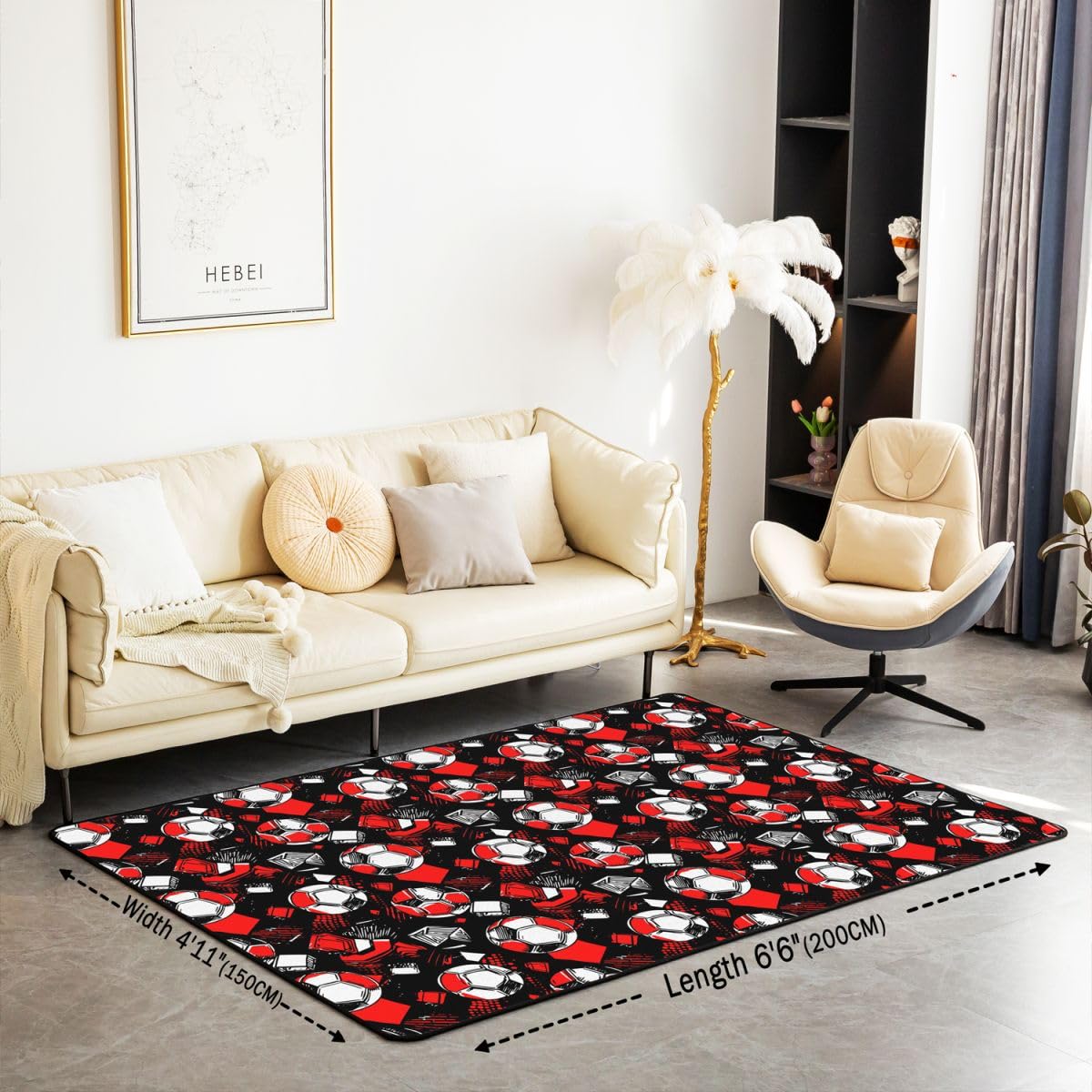 Homewish Dywaniki do piłki nożnej 100 x 150 cm - piłka nożna piłka nożna dywan salon gra sportowa nie gubi włosia dywan czarny i czerwony patchwork duże dywany