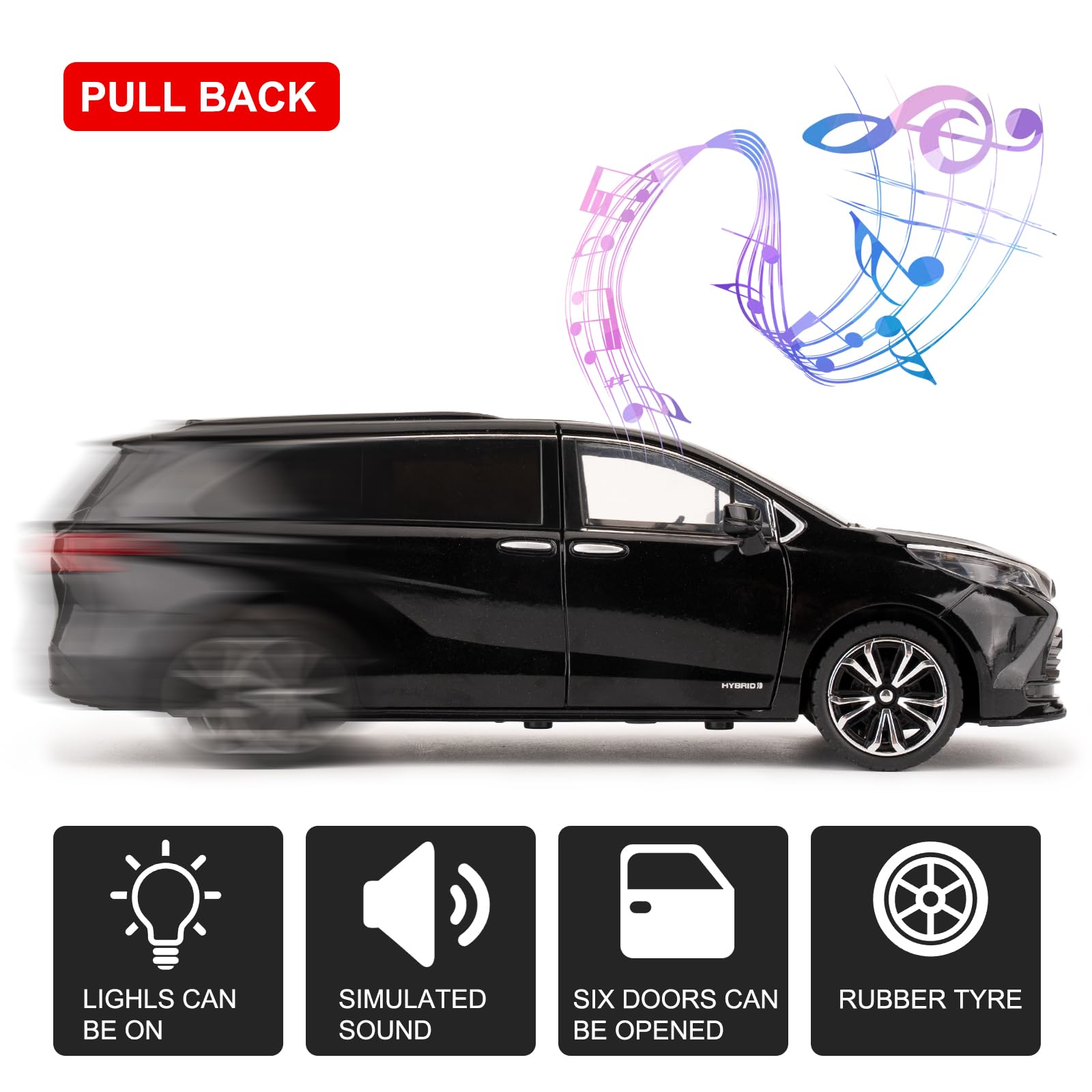 BGHSCA 1:24 Compatible for Sienna Car Model Pull Back Diecast Toy Car with Sounds&Lights for Kids Boys Girls and Adults Gift Black - Image 3
