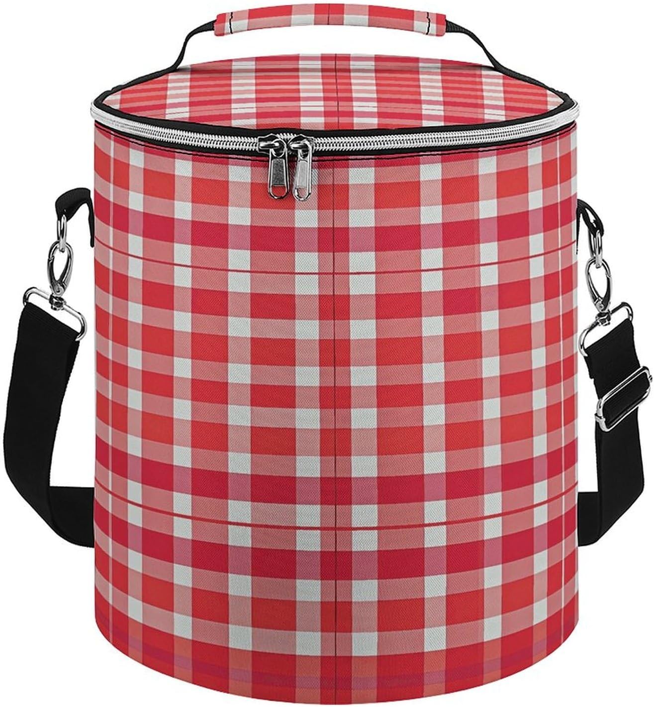 Collapsible Insulated Cooler Bag Red and White Checkered Print Leakproof Soft Cooler Bag Round Casserole Carrier for Hot & Cold Food