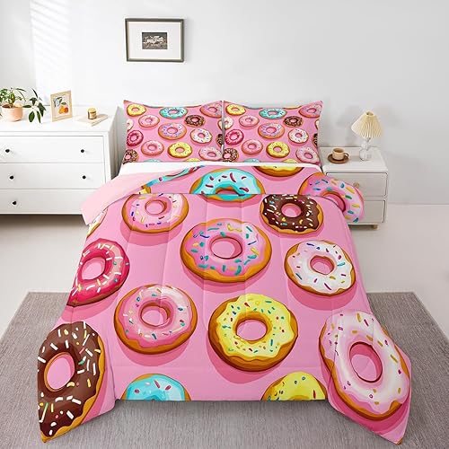 Miniatura 3 de Erosebridal Edredón de cama de alimentos, edredón de plumón de donas coloridas, tamaño individual para niños y niñas, juego de edredón de diseño de