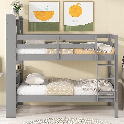 Miniatura 4 de HomSof Twin Over Twin Bunk Beds with Bookcase Headboard Solid Wood Bed Frame with Safety Rail and Ladder KidsTeens Bedroom Guest Room Furniture Can