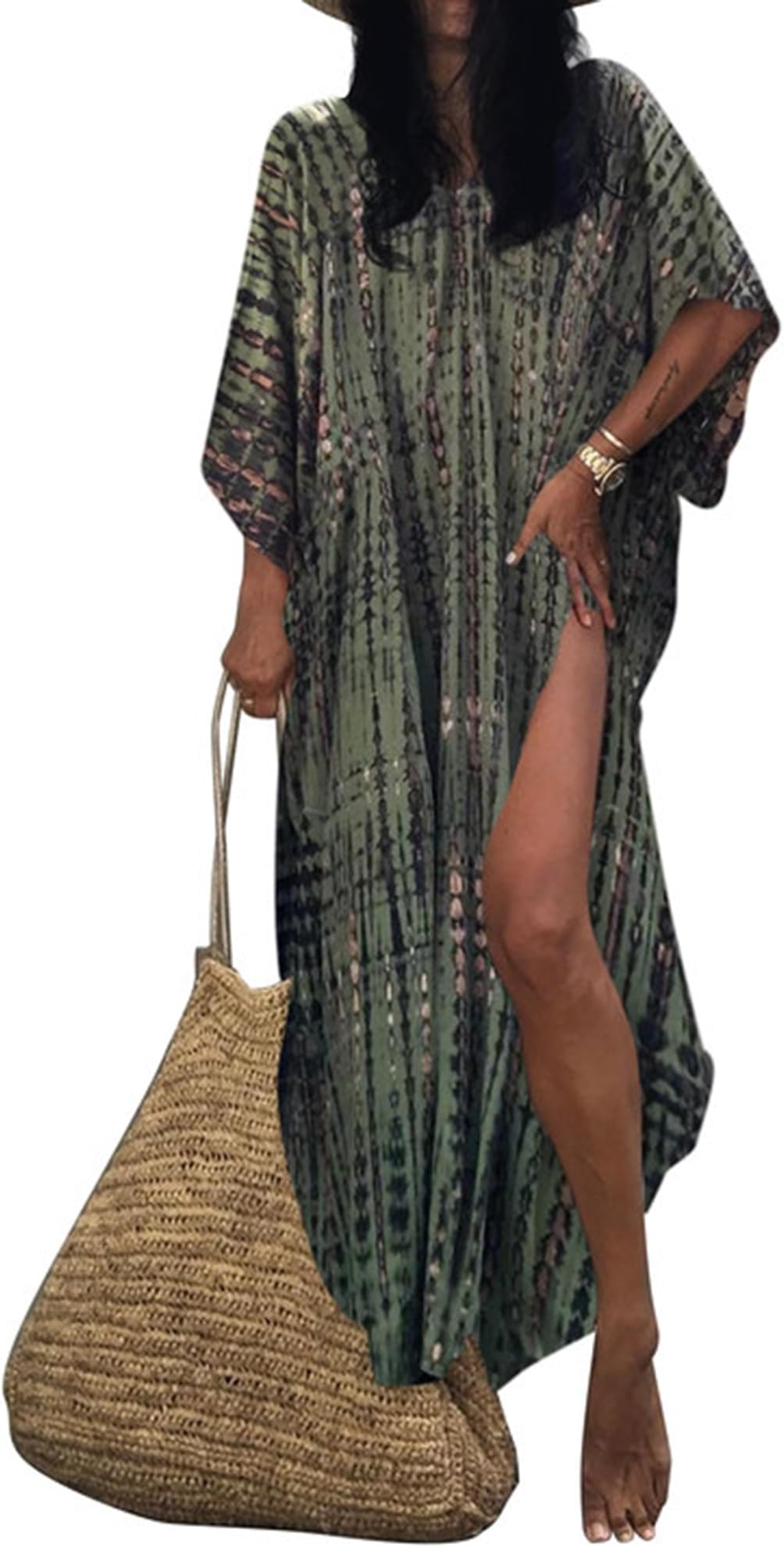 Women Print Beach Kaftan Dress Short Sleeve Plus Size Bathing Suit Cover Ups