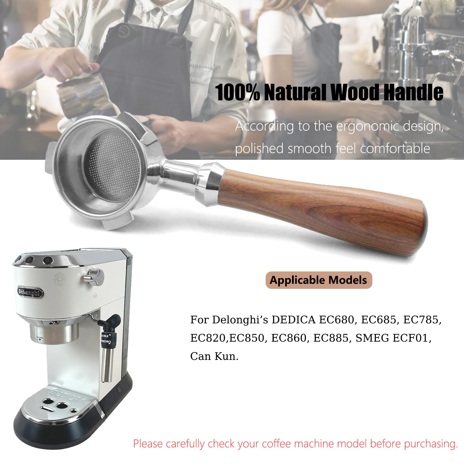 Bezdenny wkład 51 mm, 3 Ears Bottomless Portafilter z Dedica EC680/EC685/EC785/EC820/EC850/EC860, sitko ze stali nierdzewnej z uchwytem z czerwonego drewna kwasowego