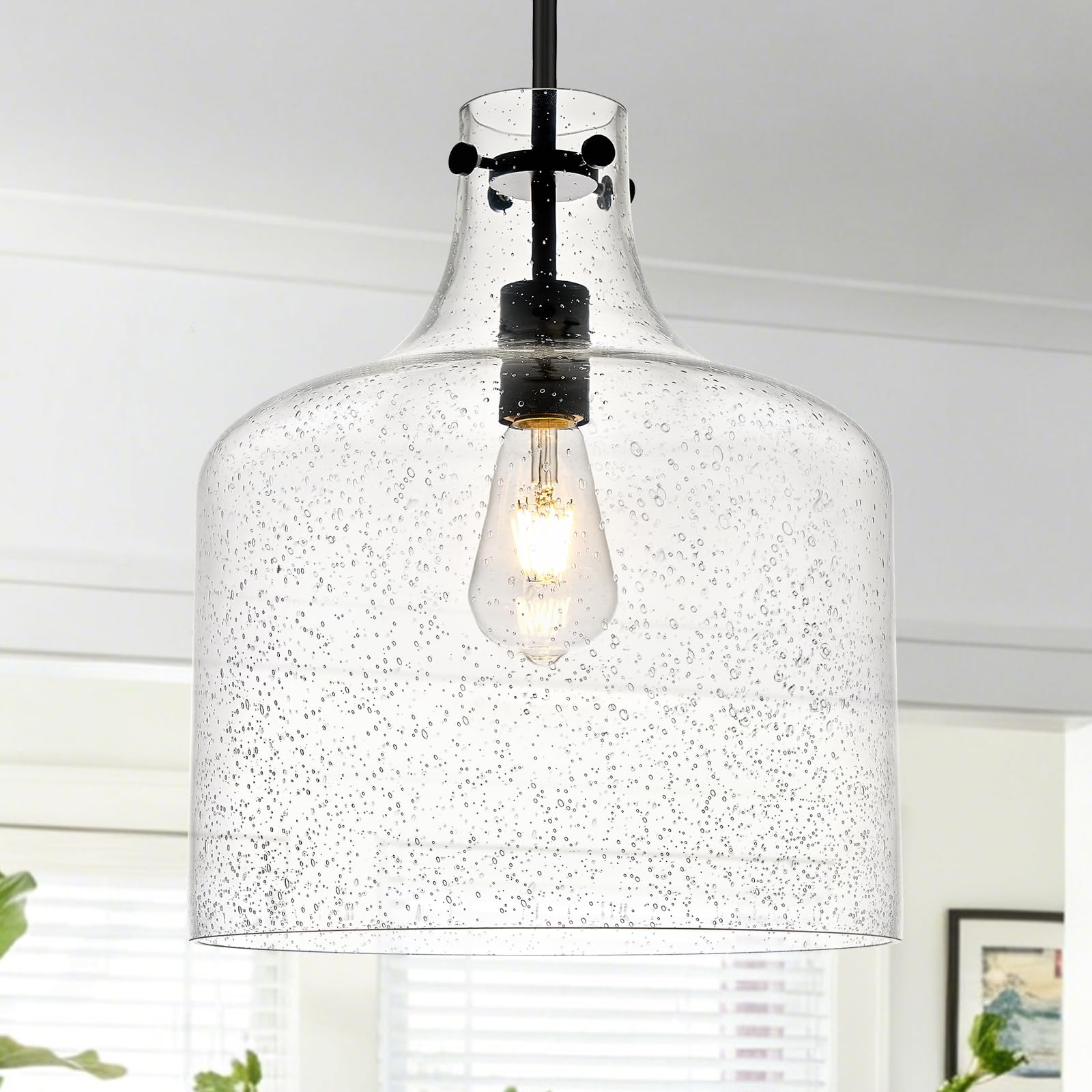 12" Black Seeded Glass Pendant Light, E26 Farmhouse Hanging Light