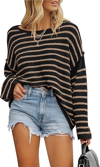 BTFBM Women's Striped Knit Sweaters 2025 Spring Fall Boat Neck Off Shoulder Long Sleeve Oversized Casual Pullover Tops