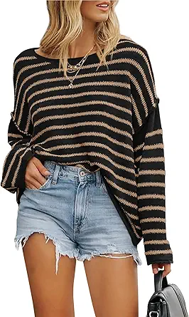 BTFBM Women's Striped Knit Sweaters 2025 Spring Fall Boat Neck Off Shoulder Long Sleeve Oversized Casual Pullover Tops