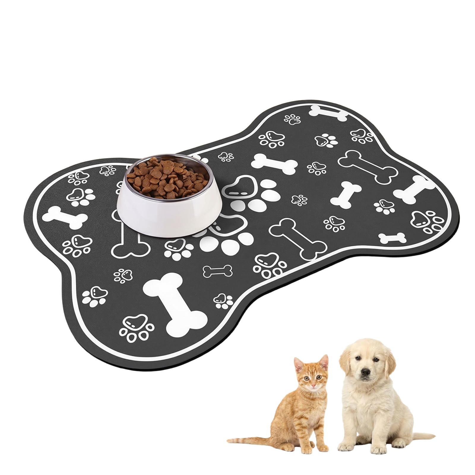1PC Dog Bowl Mat, Dog Cat Pet Food Mat 50x40cm Pet feeding Mat for Bowls Floors Rapid Absorbent Cute Bone Shape Water Bowl Mats(Grey)