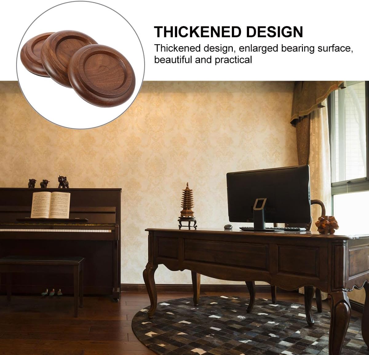 3Pcs Black Walnut Wood Piano Caster Cups Piano Leg Protectors Solid Wood Floor Mats for Hardwood Floors Grand Feet Pads