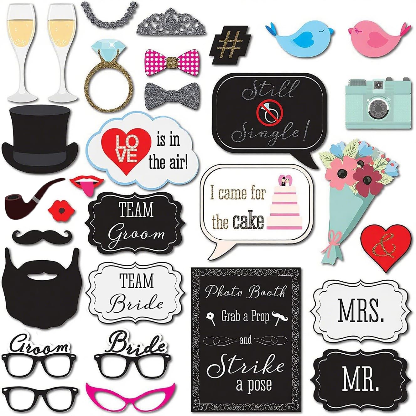 Hsc Black Wedding Photo Props, Wedding Photo Booth Props, Hen Do Prop - 31Pcs Diy Paper Prop For Engagement Party With Glasses, Crowns, Rings, Bouquets And Else (Assembled With Bamboo Sticks & Glue Dots)
