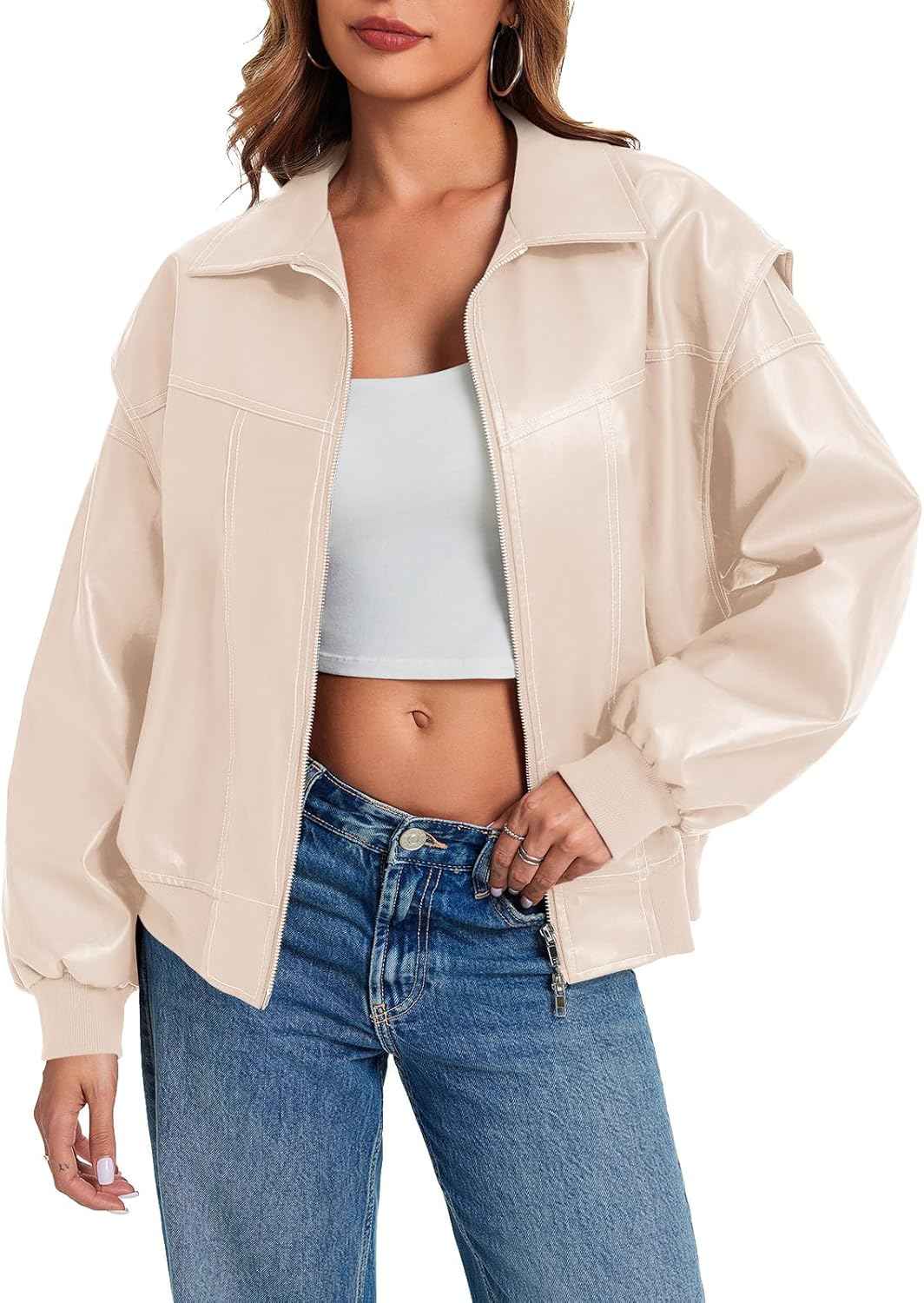 Tankaneo Womens Oversized Leather Bomber Jackets Cap Sleeve Zip Up Motorcycle Coats with Pockets - Image 2