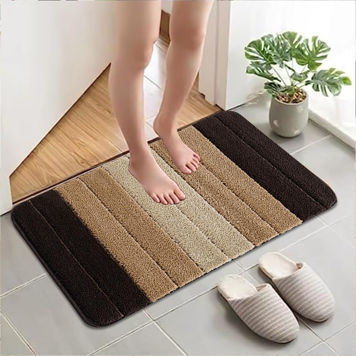 Rugs Inn Striped Runner, Super Absorbent Dirt Trapper Entrance Rug Machine Washable Soft Runner Mats Indoor, Non-slip Floor Mats for Inside, Front Back Door (60x110 cm, Brown) โ image 1