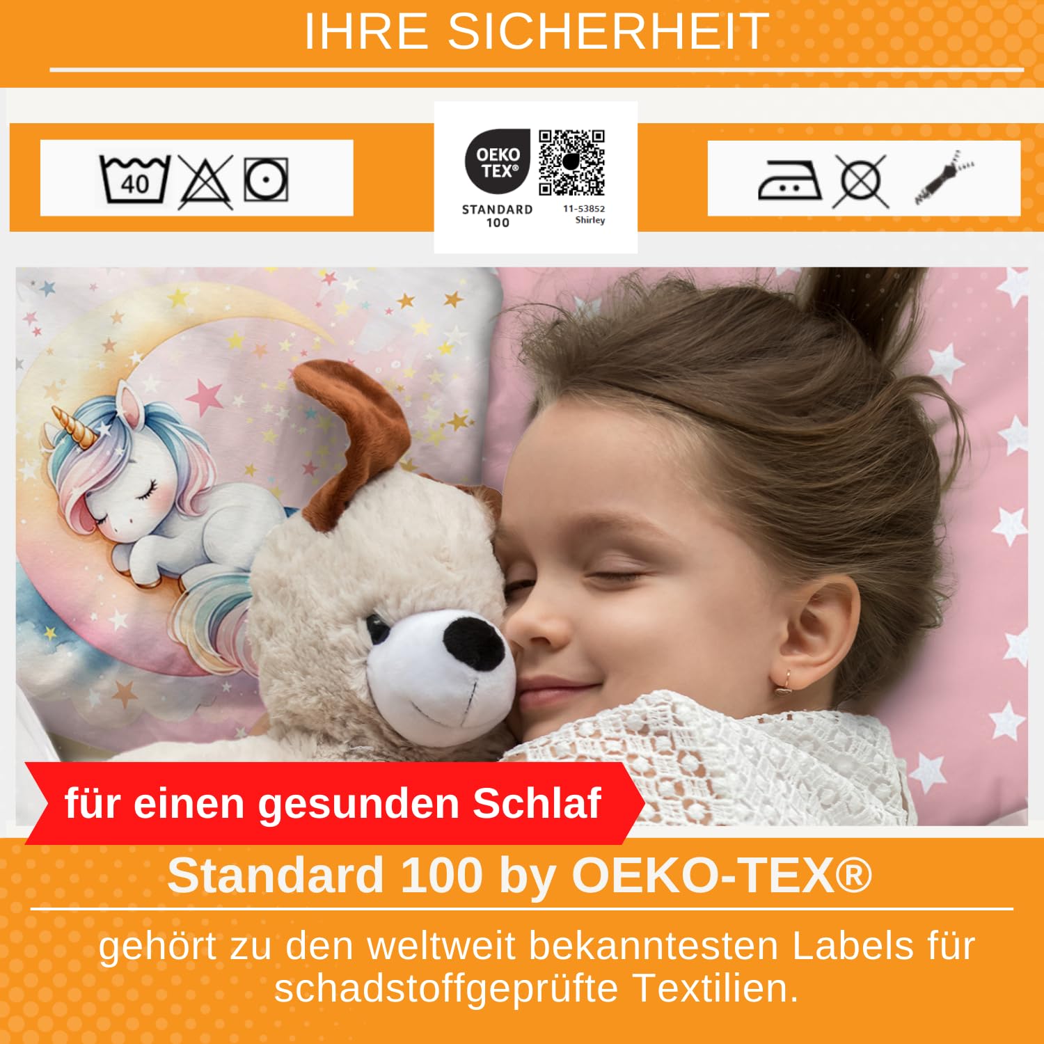 Aminata kids Kinderbettwäsche 135x200 100% Baumwolle Mädchen Einhorn Motiv Kinder-Wende-Bettwäsche-Set rosa Mond & Sterne, Regenbogen