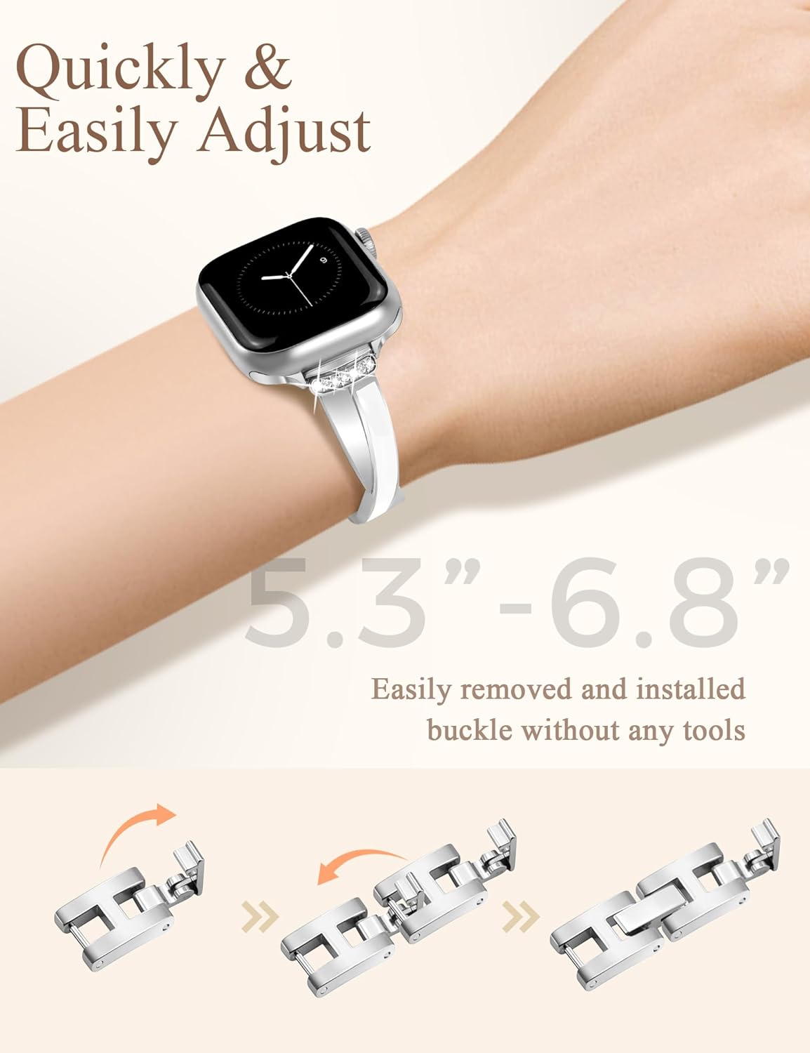 Silver Slim Watch Band for Women Compatible with Apple Watch 42(S3/2/1)/44/45/46/49mm Designer Bling Dressy Bracelet Adjustable Metal Strap for iWatch Series 11/10/9/8/7/6/5/4/SE 3/2/1/Ultra - Image 4