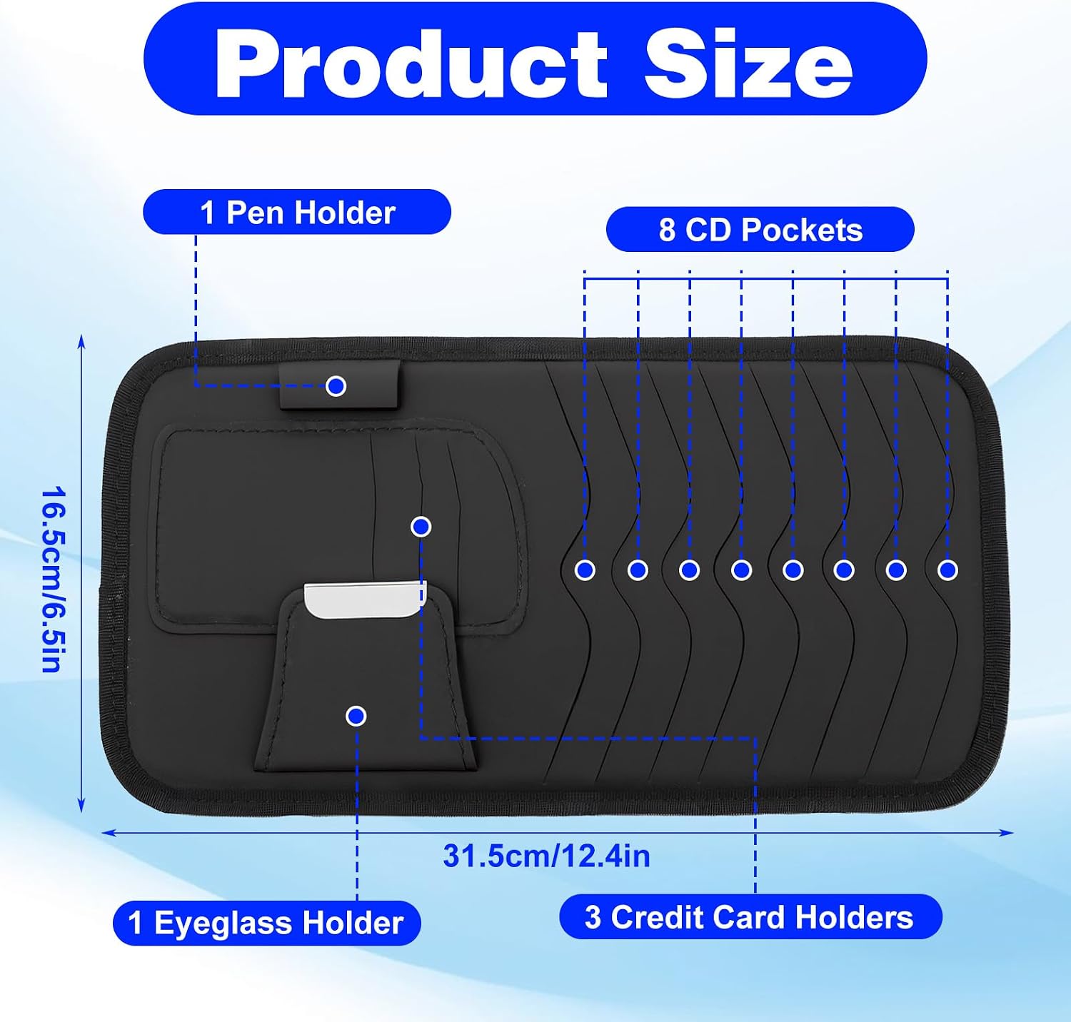 Car CD Holder for Visor, 12-Disc CD Holder for Car with Mesh Pocket & Pen Holders, Universal Vehicle Sun Visor Organizer (Black, PU Material)