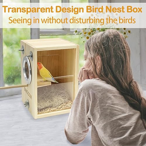 Miniatura 2 de BNOSDM Caja nido de periquitos transparente para cría de pájaros, caja nido de madera natural para pájaros con fibra de coco para tortolitos conure