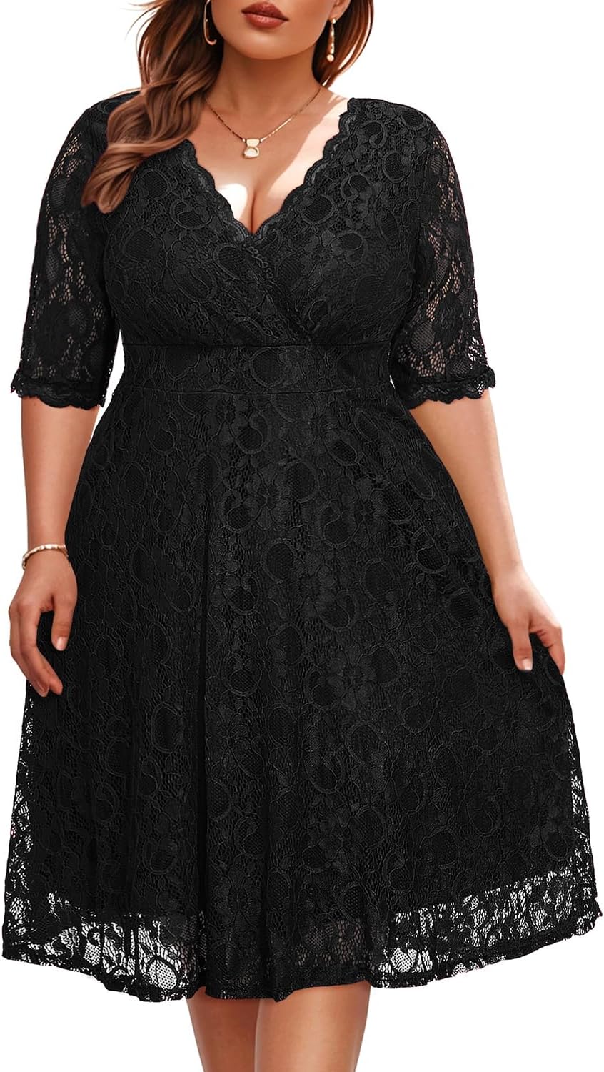 Women's Plus Size Wedding Guest Cocktail Party Semi Formal Lace Wrap V Neck Knee Length Dress
