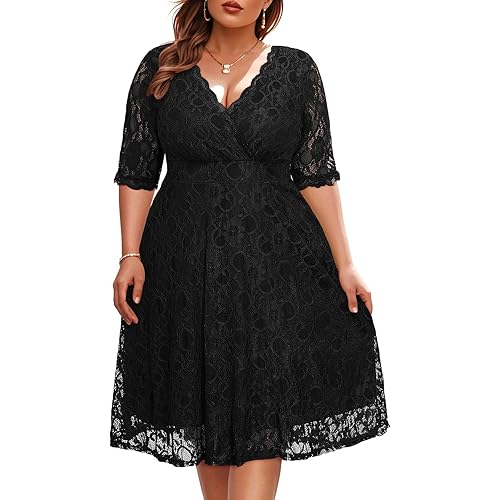 Women's Plus Size Wedding Guest Cocktail Party Semi Formal Lace Wrap V Neck Knee Length Dress