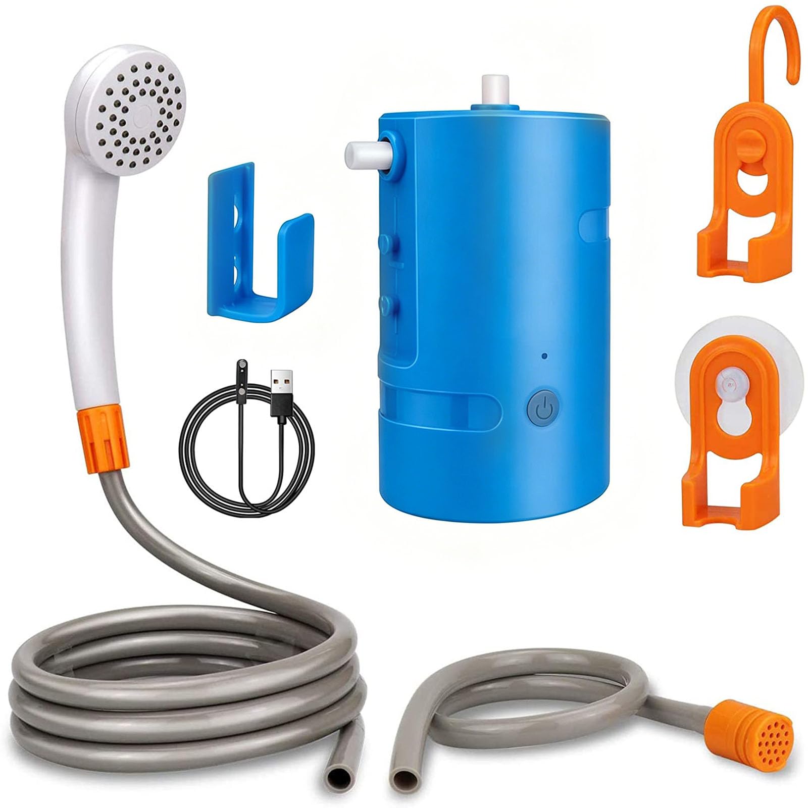Douche de camping portable, 4400 mAh intégrée, rechargeable par USB, batterie étanche IPX7, pompe de douche + seau pliable pour camping, randonnée, voyage, plage, animaux de compagnie, plein