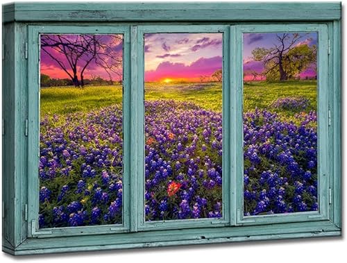 iKNOW FOTO Impresiones en lienzo retro verde azulado estilo marco de ventana amanecer en la colina de Texas Hill Country arte de pared paisaje de