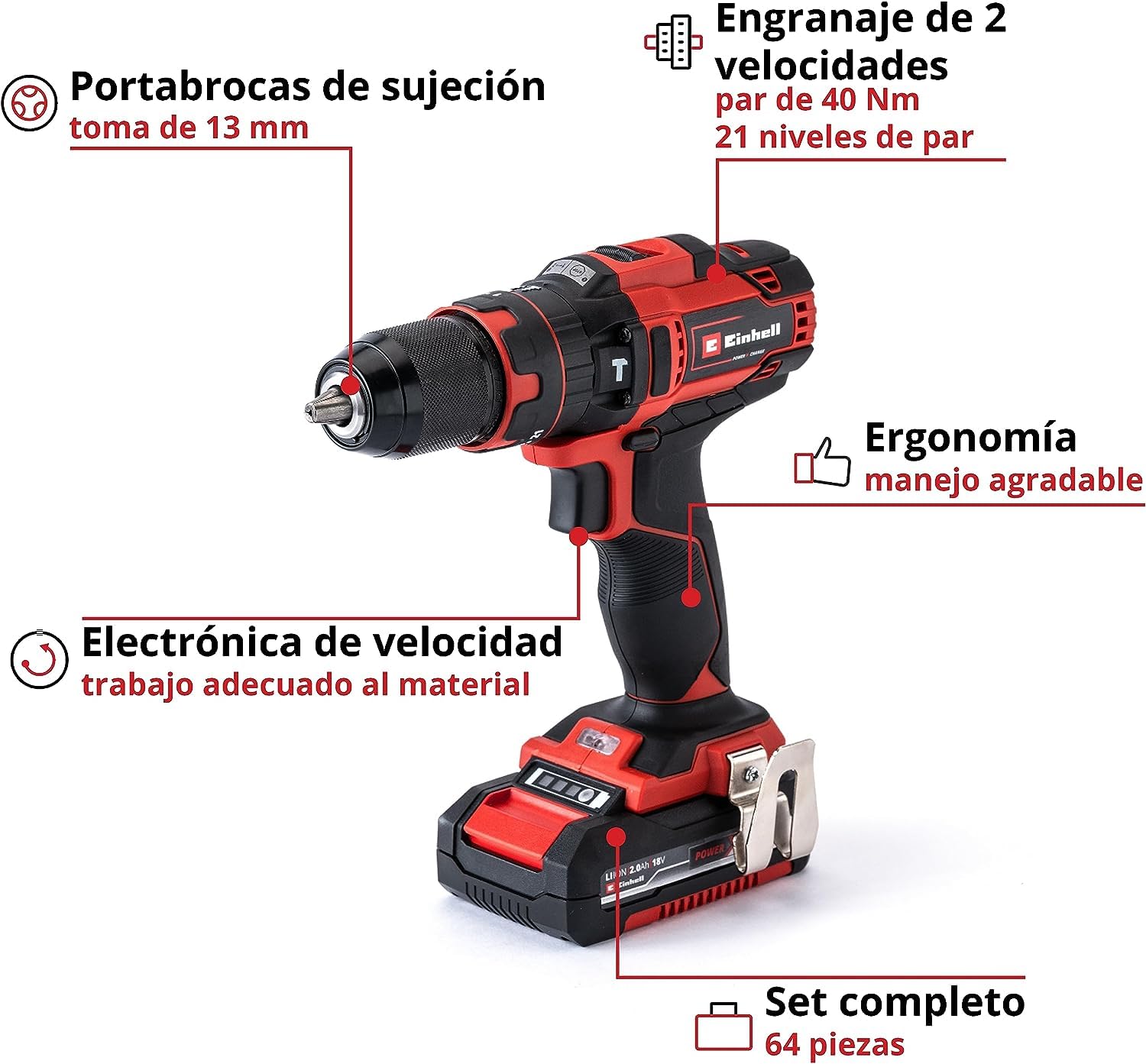 Einhell taladro atornillador percutor con batería TE-CD 18/40 Li-i +64 Power X-Change (iones de litio, 18 V, 40 Nm, electr. velocidad, máx. 24000 rpm, incl. 2x 2,0 Ah baterías, cargador y accesorios)