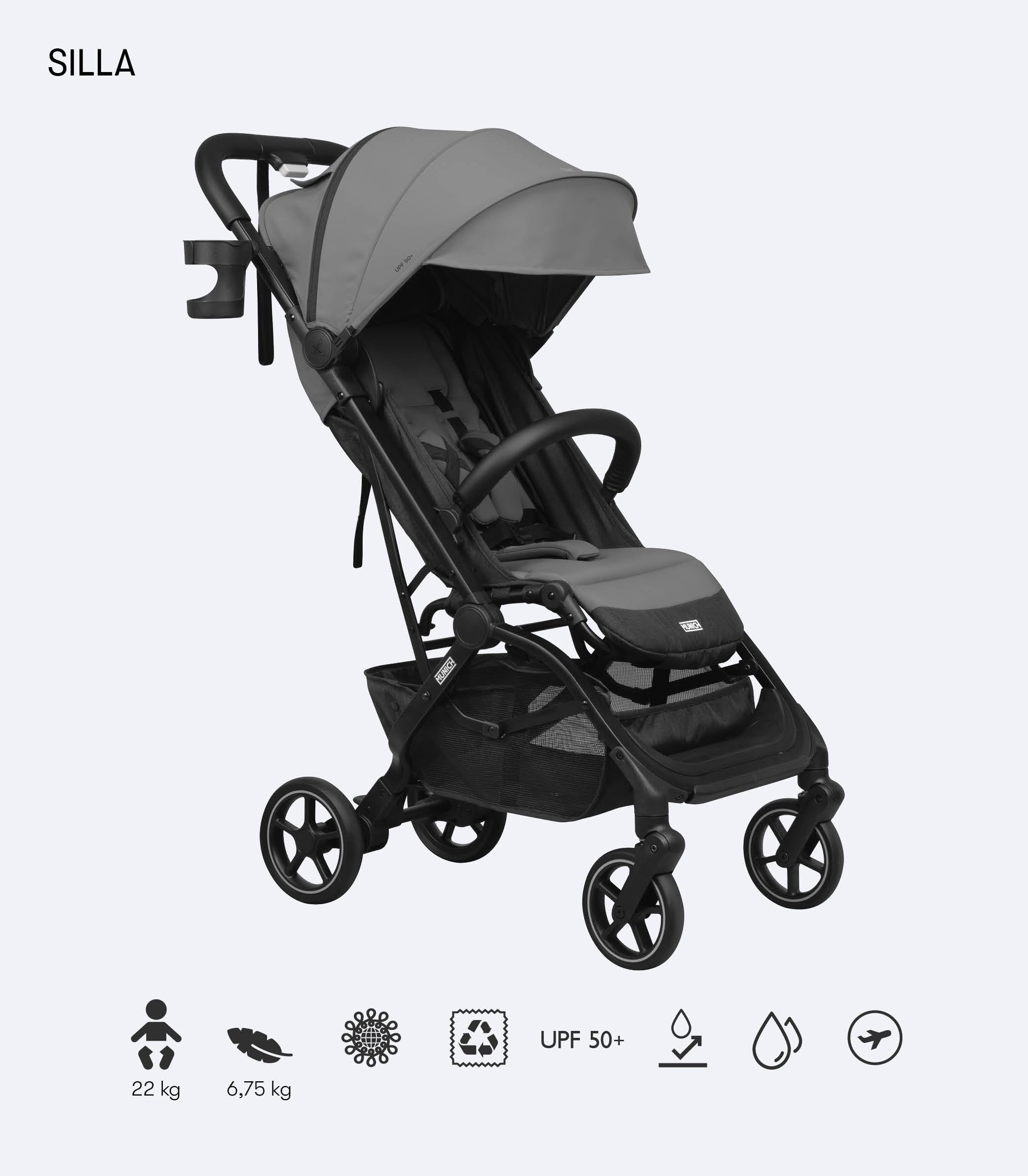 MUNICH Mun10, Silla de Paseo, Sistema de viaje, Silla de Bebe, Fácil plegado, desde el nacimiento hasta 22 kg, Maniobrabilidad, con cubrelluvias, Color Gris