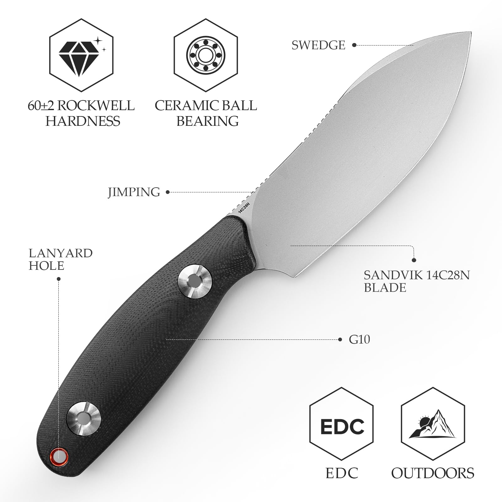 TRIVISA Lame Fixe de Couteau de Survie, Poignée G10 Noir, Outdoor Couteau avec Fourreau Kydex, Cadeau D'extérieur pour Homme, Aubergine-BG (Argent et noir)