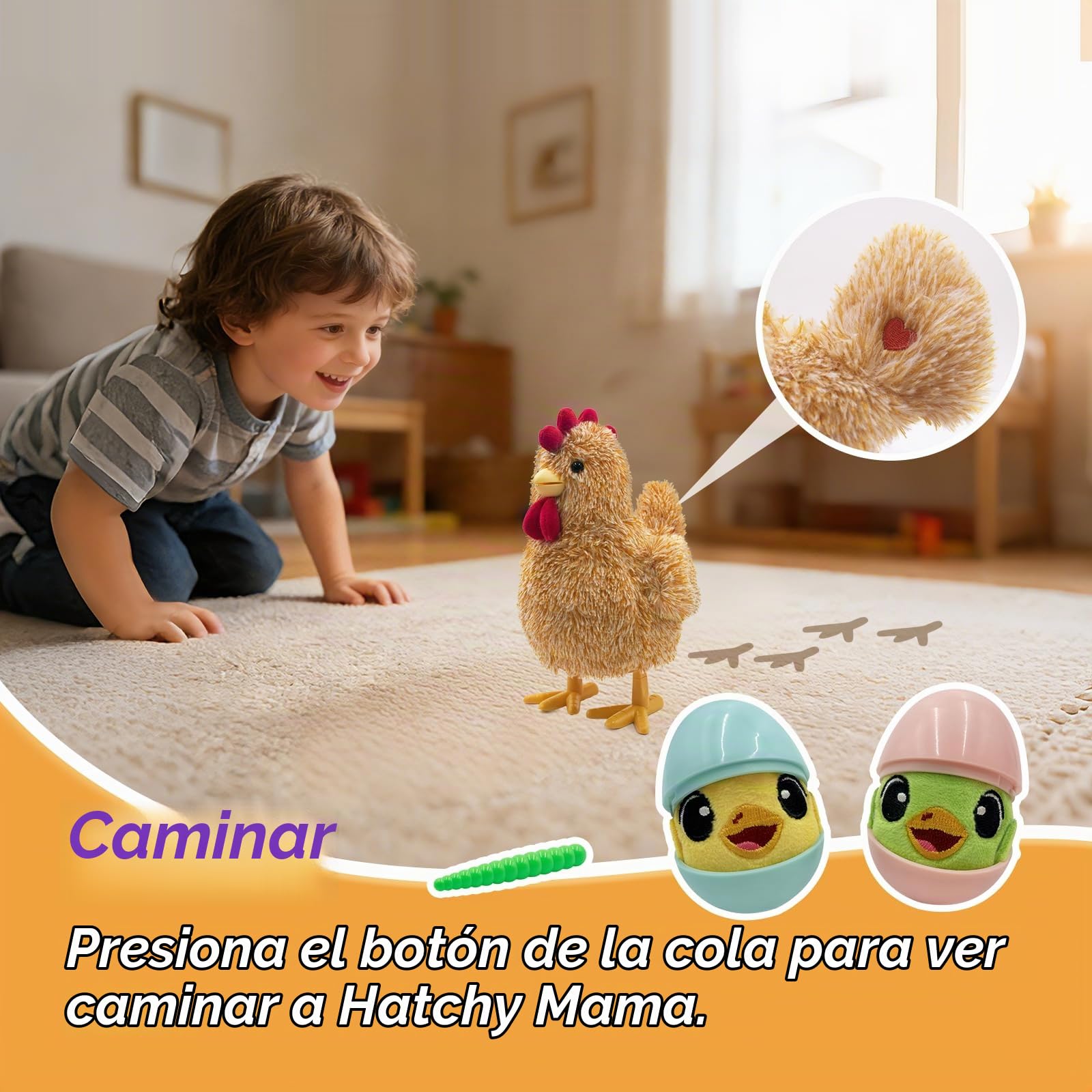YH YUHUNG Juguetes de peluche interactivos mamá gallina, canta y pone huevos, animal electrónico de granja para niños pequeños a partir de 3 años, con pollitos y gusano de alimentación (Amarillo)