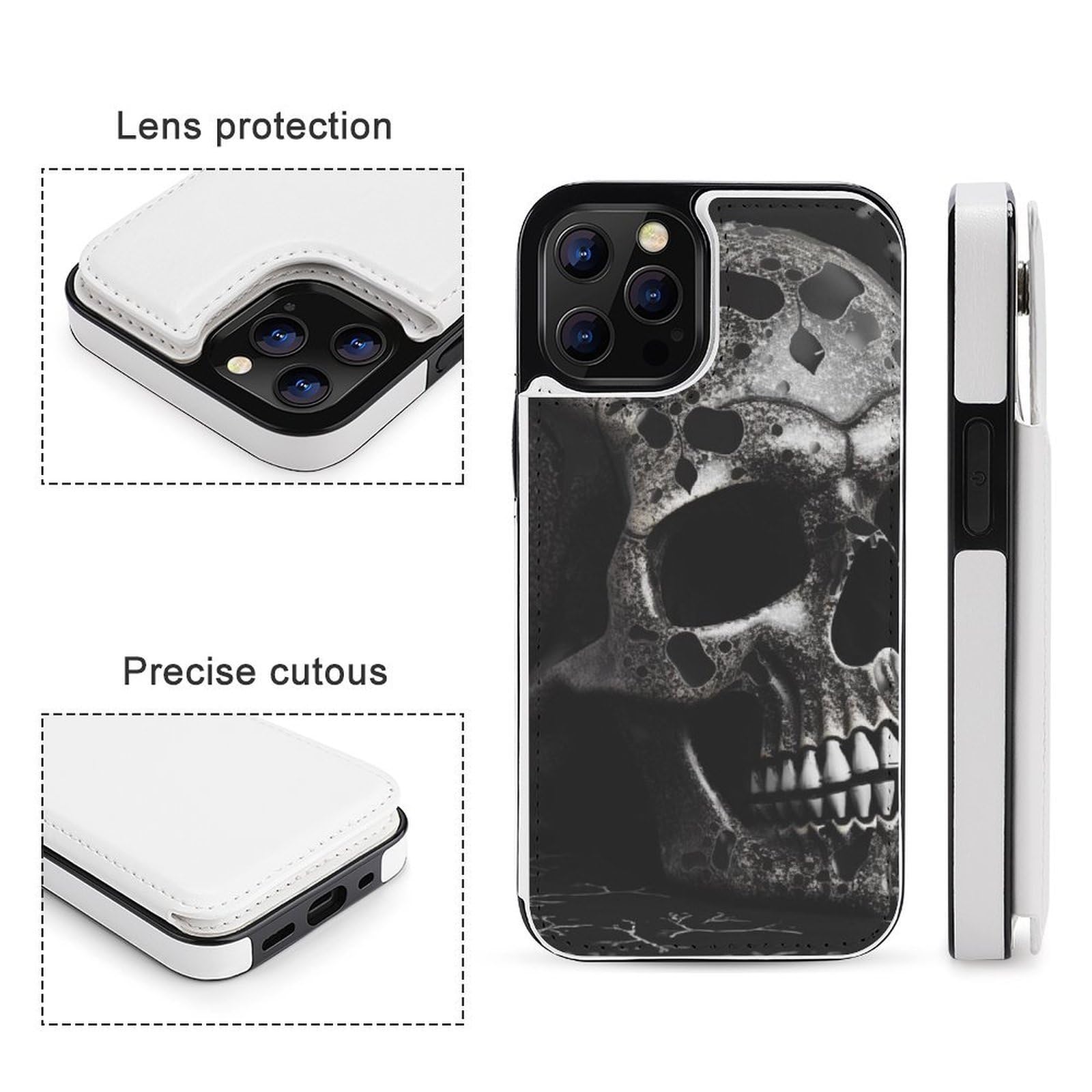 Funda tipo cartera para iPhone 12 Pro, diseño de calavera negra, funda de piel con ranuras para tarjetas
