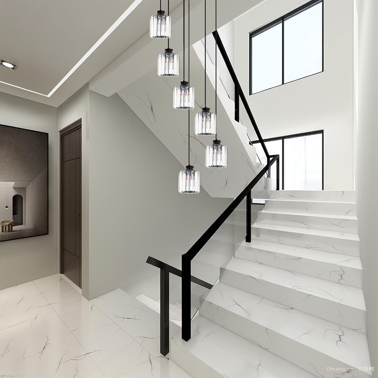 6-Light Modern Crystal Chandelier Large Raindrop Foyer Chandelier High Ceiling Light Fixture for Staircase,Entryway,LED Bulbs Included,Black,H110