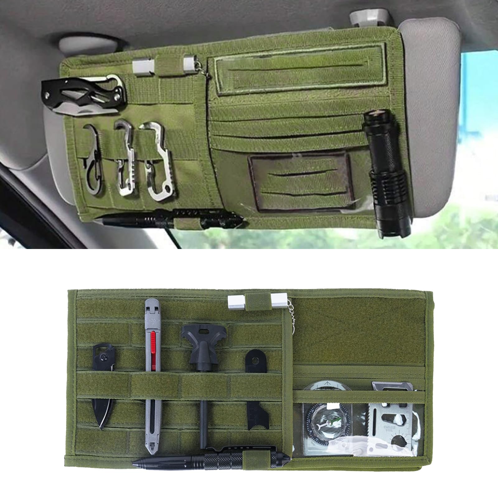 MLAHUIER Car Sun Visor Organizer, Nylon Tactical Molle Visor Organizer Panel Storage Pouch Holder, Visor Organizer for Trucks, Universal Car Interior Accessories(Army Green), Mlahuier-ZYBSND01