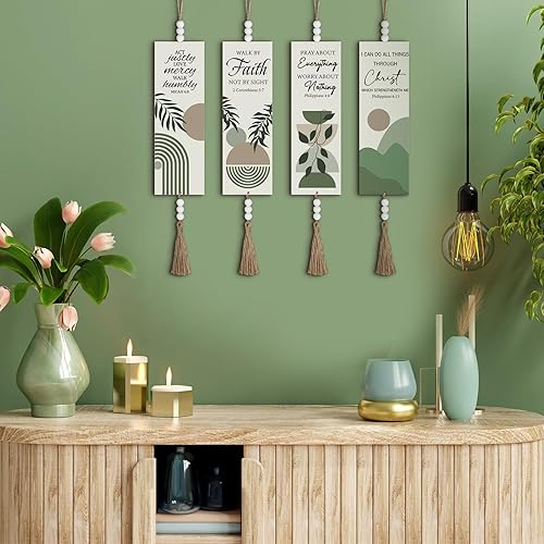 Miniatura 5 de 4 piezas de versículos bíblicos arte de pared de madera cristiana boho decoración de pared con cuentas, letrero inspirador de oración, decoración de