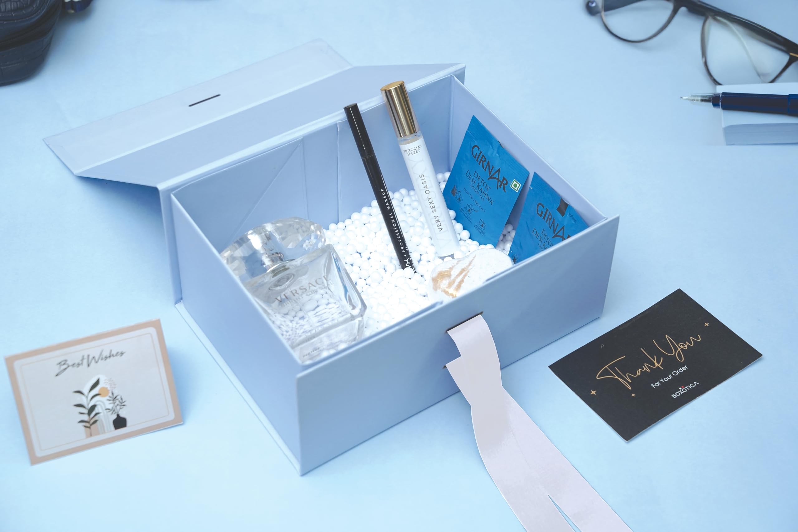 Boxotica Powder Blue Small Gift Box – Foldable Rigid Hamper with Ribbon & Greeting Card | 23.5×17×10 cm Reusable Keepsake Box for Jewelry, Chocolates, Weddings, Birthdays, Bridesmaid Proposals 2