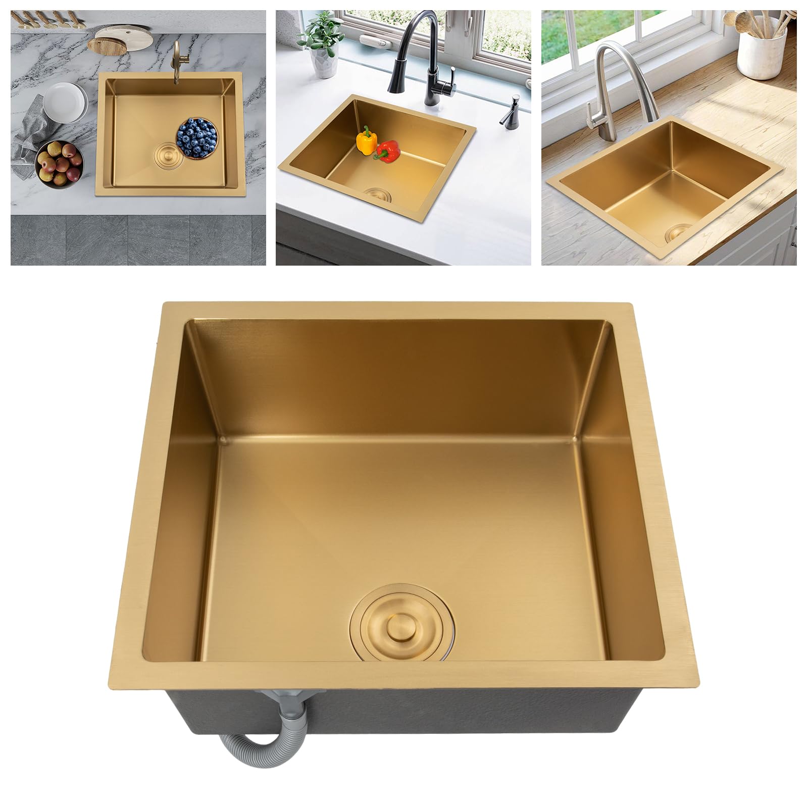 Lavello in acciaio inox, lavello da cucina, lavandino da incasso, con 2 tubi di scarico, 1 vasca, 50 x 45 cm