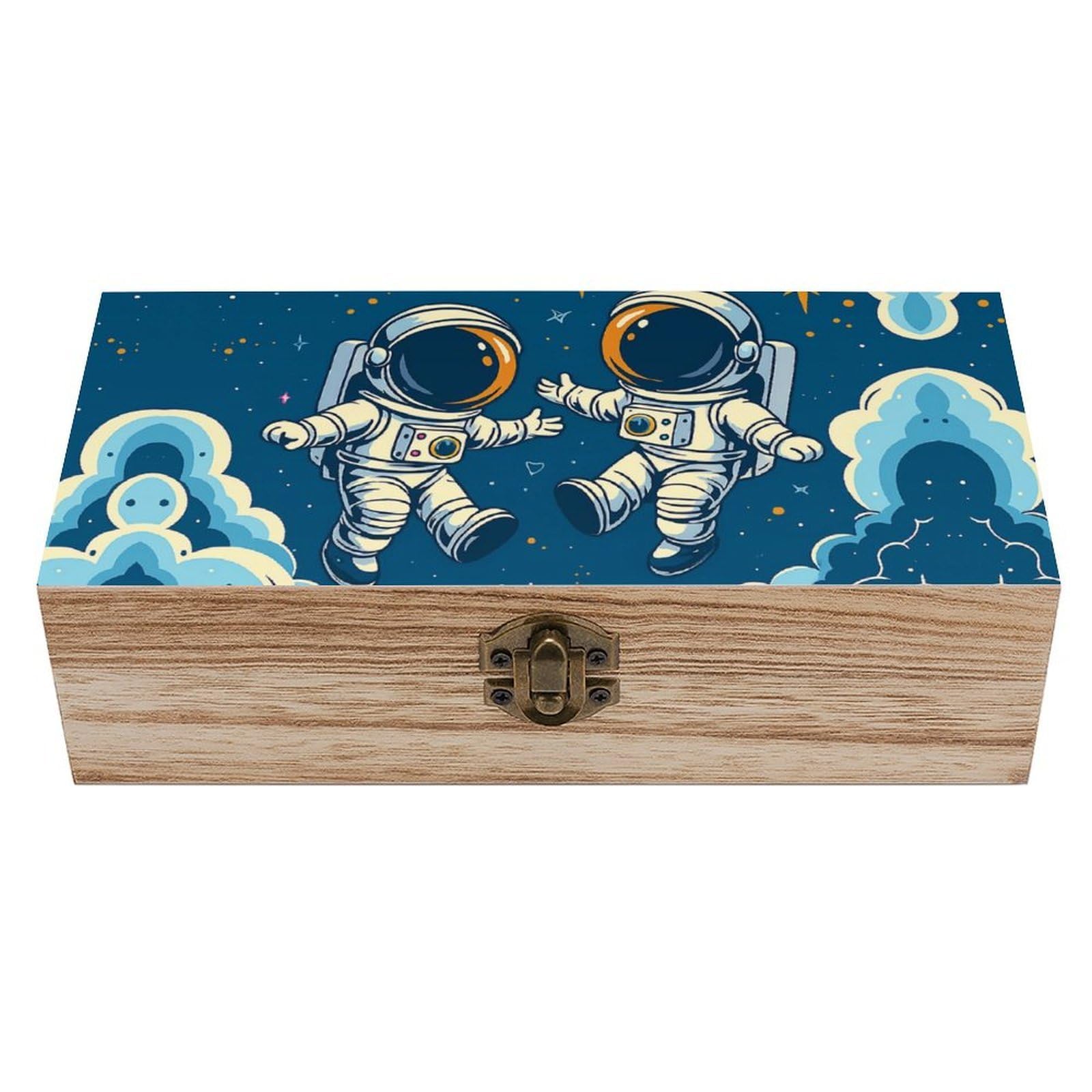 SMAZDFXX Cute Cartoon Astronauts Wooden Storage Box Multipurpose Decorative Box for Jewelry Photo Home Decor