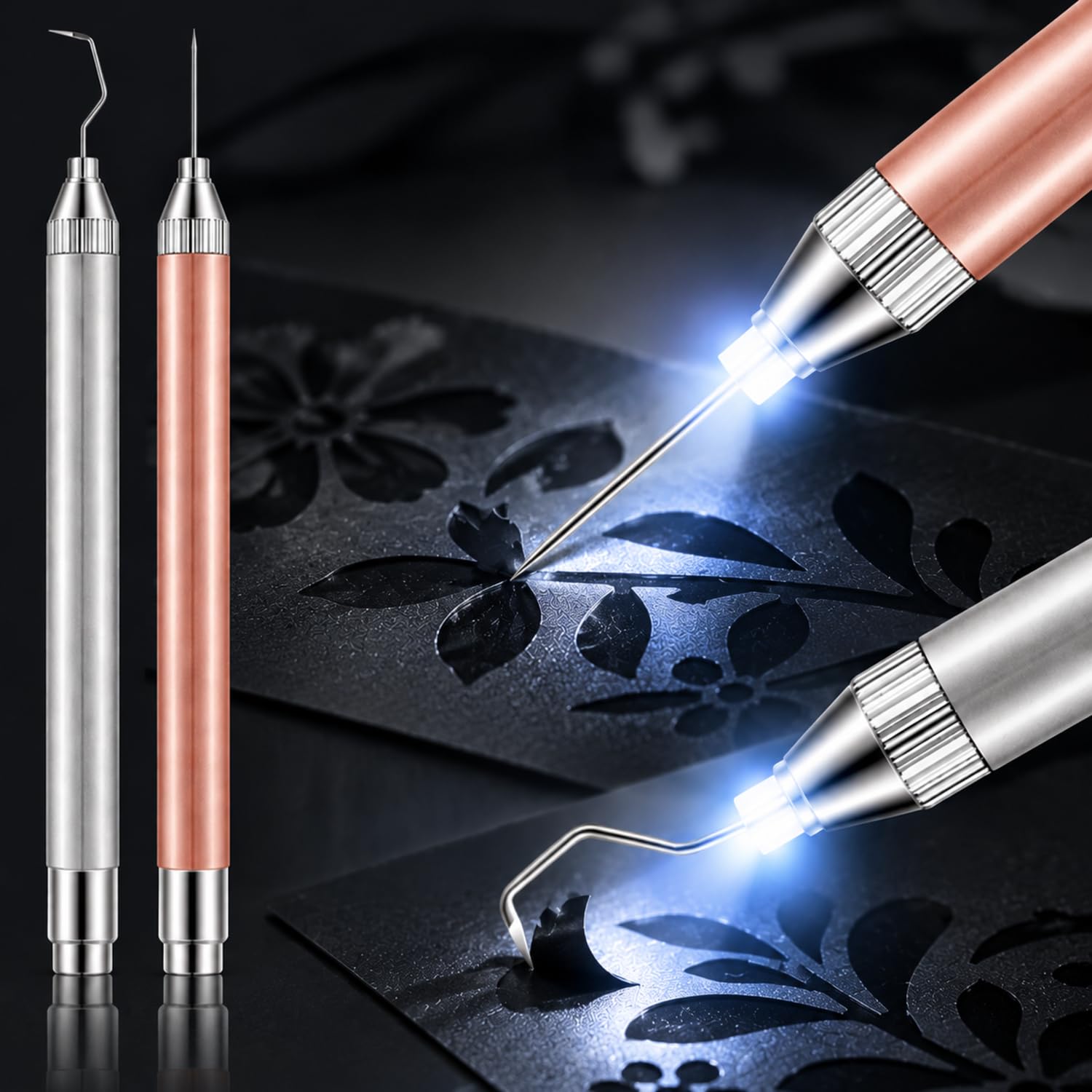 Therwen 2 Pcs LED Vinyl Weeding Pen Tools with Hook Tips, Rose Gold, Silver