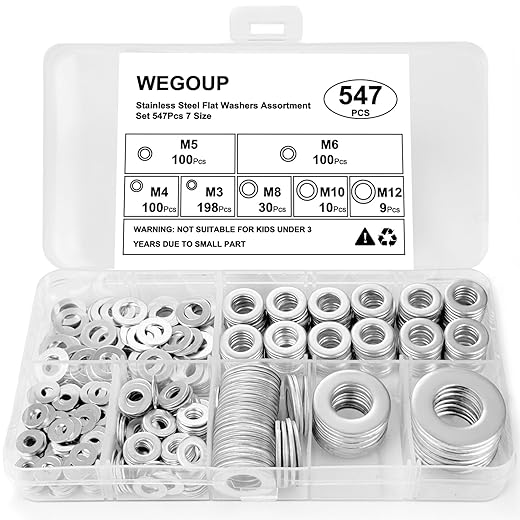 Stainless Steel Flat Washer Set – 18-8 (304) Stainless Steel, Assorted Sizes for Automotive, Home, Industrial & DIY Use, with Plastic Case (547, M3, M4, M5, M6, M8, M10, M12)