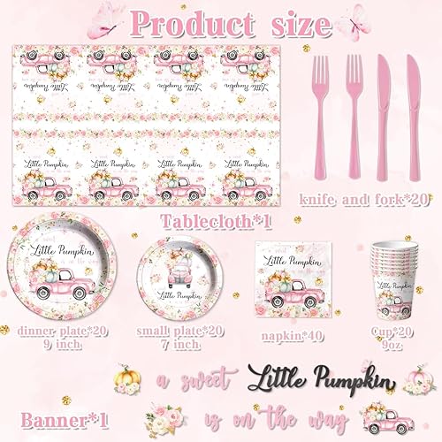 Miniatura 3 de Decoraciones de Vajilla para Fiesta de Baby Shower Little Pumpkin, 142 Piezas Una Dulce Calabacita Está en Camino Niña Rosa Floral Camión Mantel