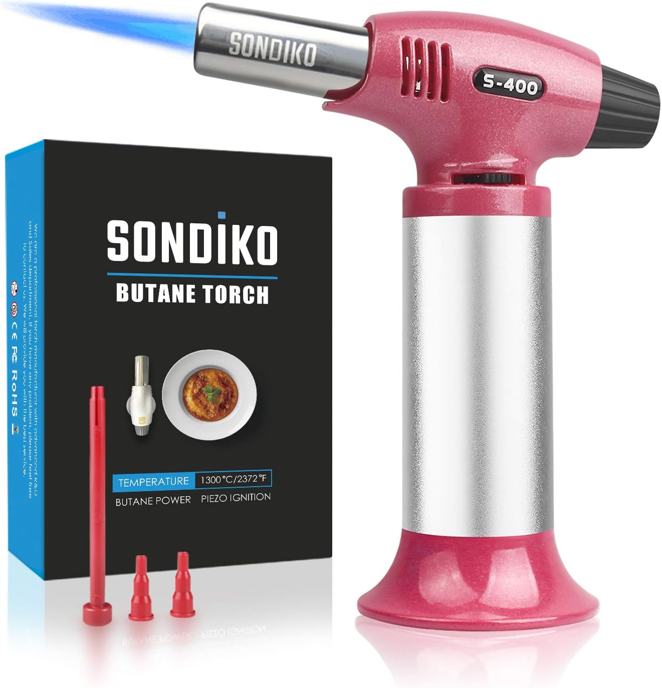 Sondiko Butane Torch PS400, Culinary Kitchen Torch Refillable Blow Torch Lighter with Safety Lock&Continuously Flame for Cooking, Creme Brulee, BBQ, DIY&Soldering(Butane Gas not Included)