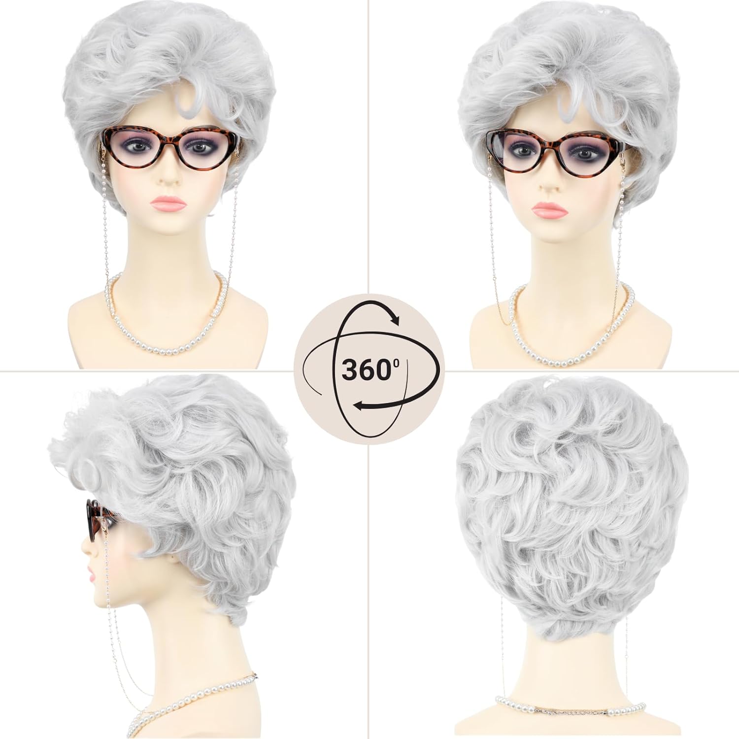 White Old Lady Costume Wig for Women with Glasses Chain Necklace - Short Curly Grandma Wigs for Older Women Granny Outfit - Perfect for 100th Day of School Costume & Parties (Silver White) - Image 2
