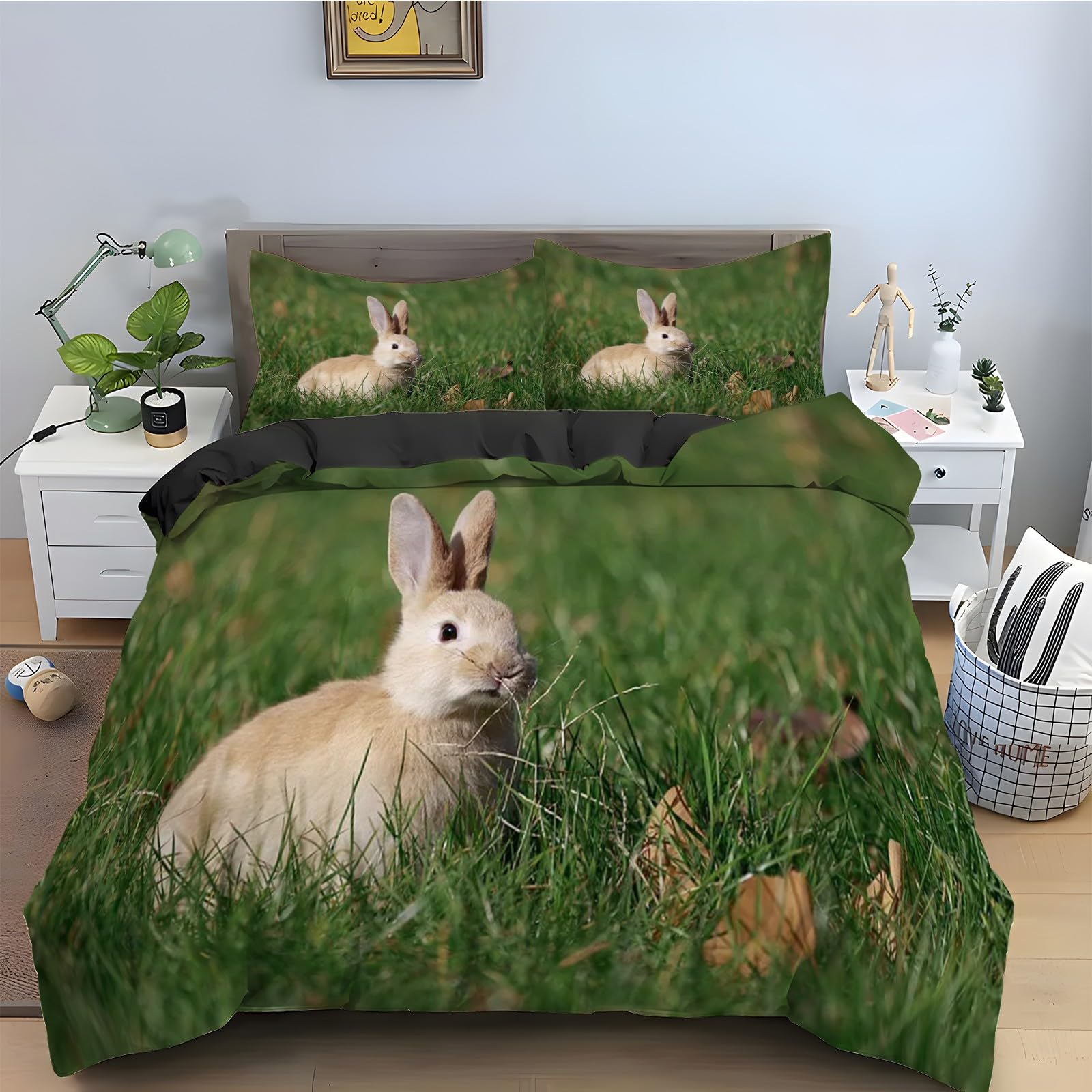 Parure de lit animal lapin avec housse de couette 240x260 cm et 2 taies d'oreiller kz1242