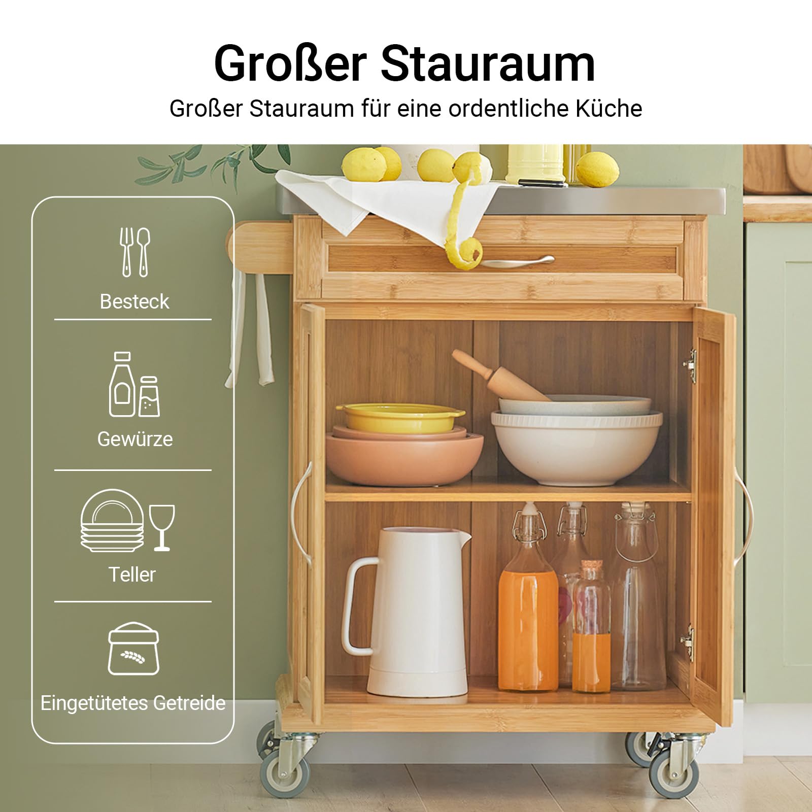 SoBuy Servierwagen mit Rollen Küchenwagen mit Arbeitsplatte aus Edelstahl, platzsparender Küchenrollwagen aus Bambus für kleine Küchen, Servierwagen Outdoor mit Schublade Natur B74×H92×T46 cm FKW13-N