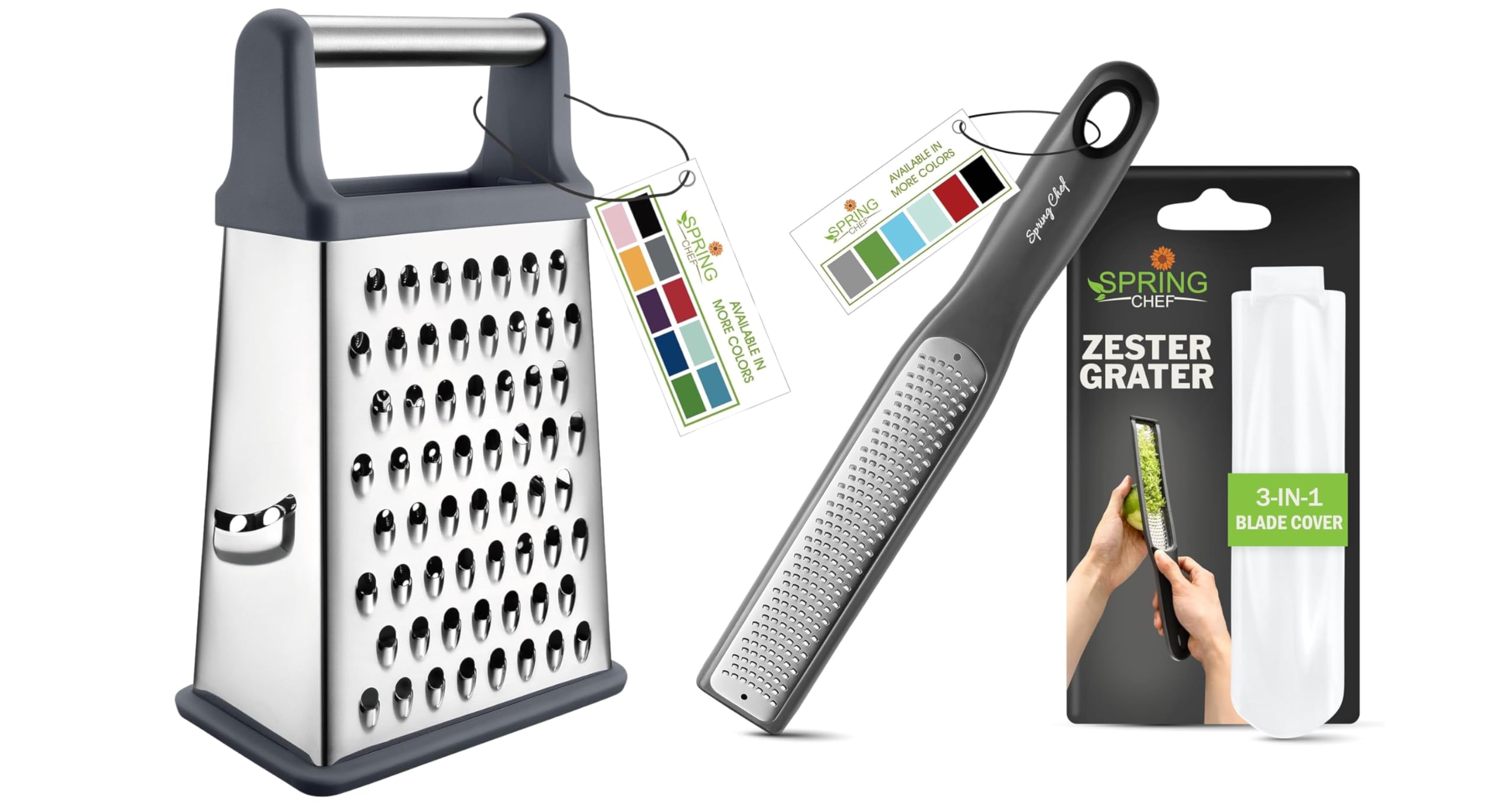 Spring Chef Stainless Steel XL Box Grater & Premium Lemon Zester - 2 Product Bundle - Gray