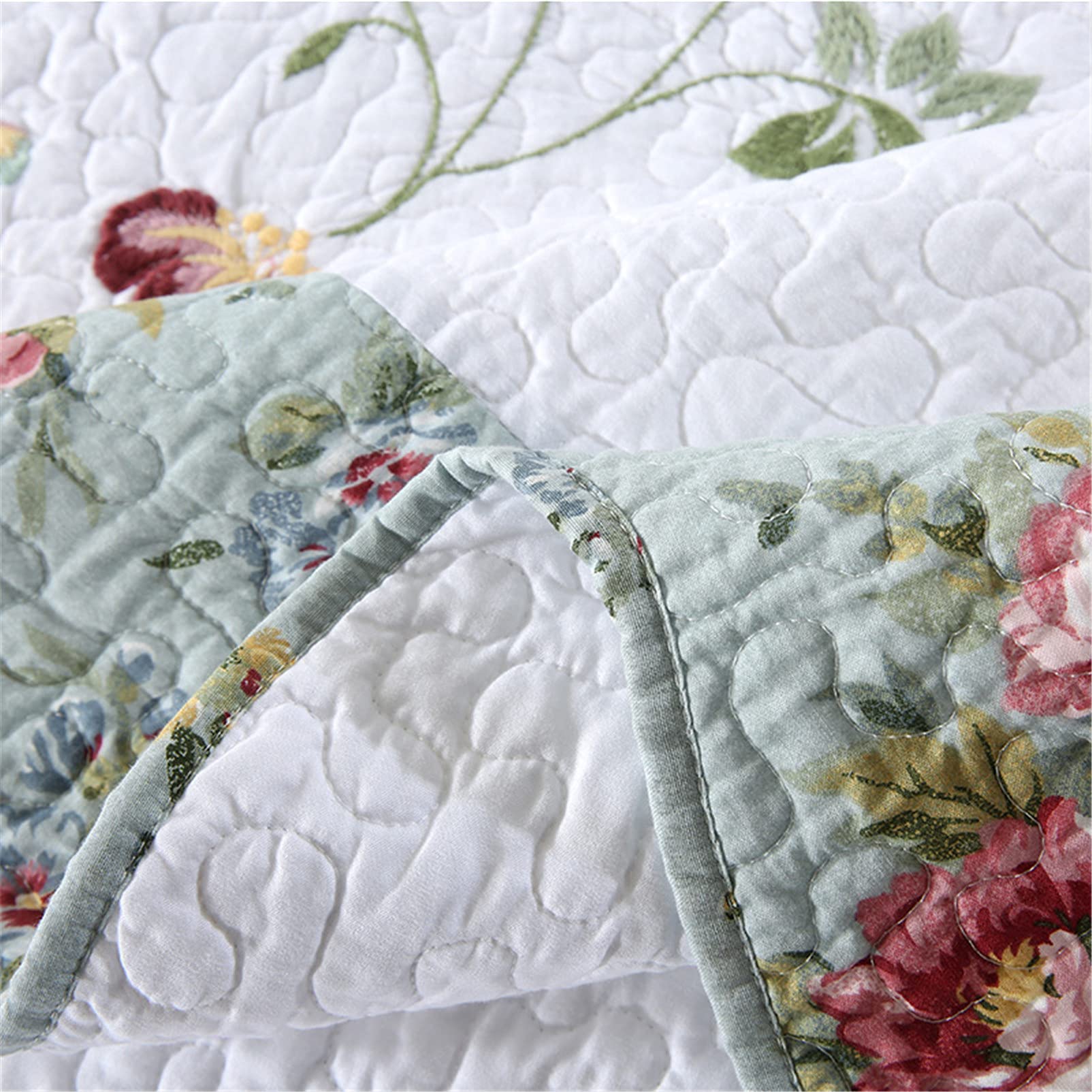 Juego de colcha acolchada, color blanco, 3 piezas, cobertores de retazos reversibles con volantes verdes, edredón extragrande de algodón suave con 2 fundas de almohada, 229 * 229 cm little surprise